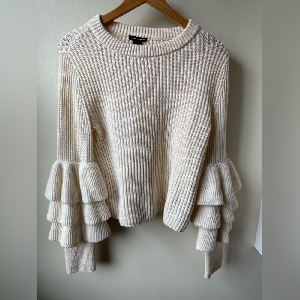 CLUB MONACO Asal Bell Sleeve Sweater Ribbed Ruffles Coquette Merino Wool Cream S